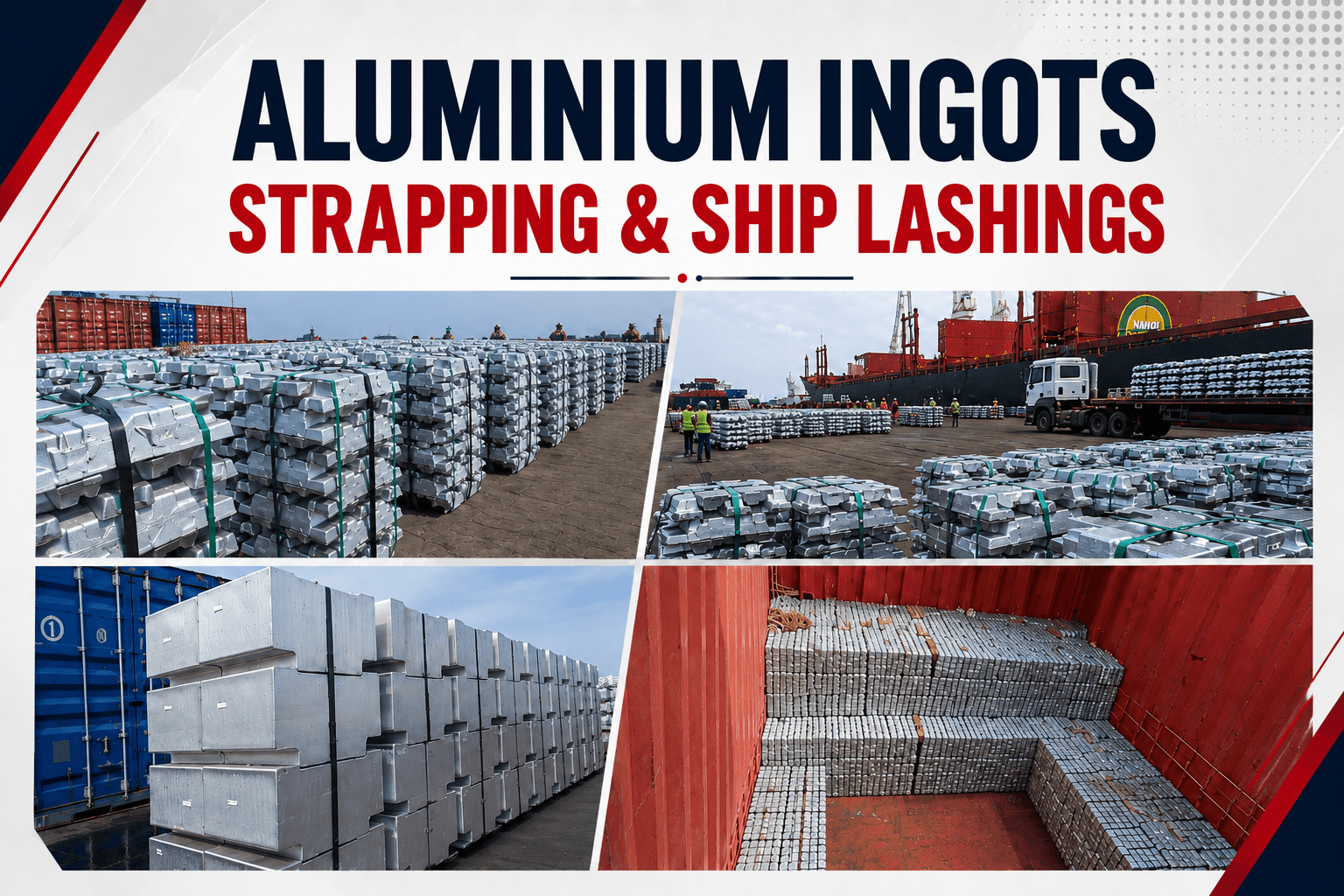 Aluminium ingots secured for shipping and ship lashing